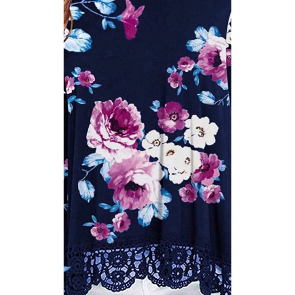 SALE! NAVY BLUE FLORAL TUNIC LACE TRIM BLOUSE - Picture 3 of 3